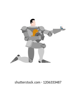 Knight standing on one knee and Wedding ring. Valentines Day. February 14 illustration.