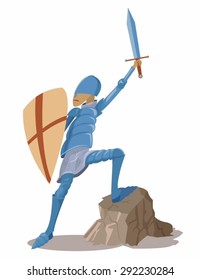 knight standing on the rock with shield and sword in his hands