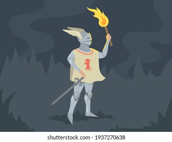 Knight standing with sword and burning torch. Brave medieval solder man person in heavy steel armor. Flat vector illustration. Chivalry, antique history concept
