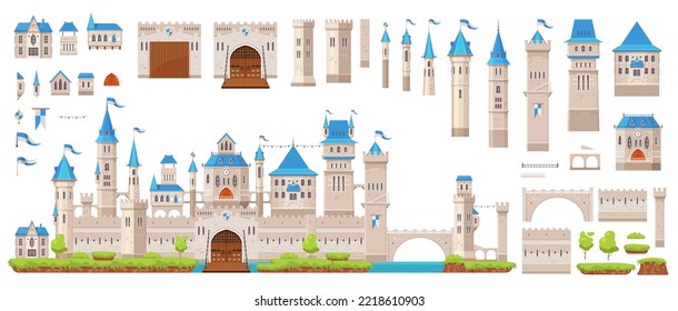Knight stone castle and fortress constructor kit, vector gate tower and turret, bridge and fort walls. Castle or palace building constructor kit, medieval kingdom game or citadel architecture elements svg