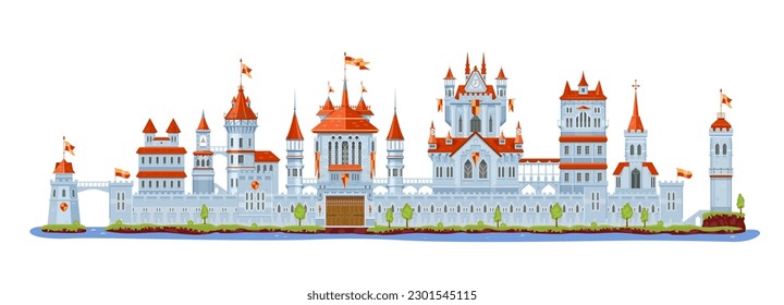 Castillo de piedra y fortaleza Knight. Puerta, torre y torreta, puente, fuerte, pared y palacio. Caricatura vectorial edificio medieval exterior, arquitectura aislada fachada con puerta cerrada de madera y banderas rojas