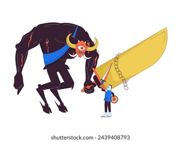 Knight stopping giant monster 2D linear cartoon characters. Scary demon attacking warrior isolated line vector personages white background. Boss fighting in videogame color flat spot illustration