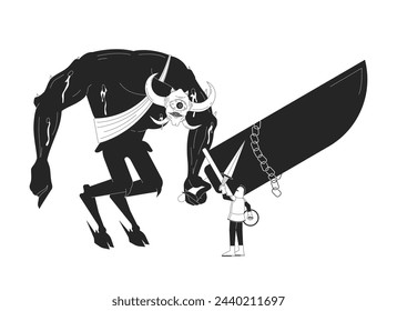 Knight stopping giant monster black and white 2D line cartoon characters. Scary demon and warrior isolated vector outline personages. Boss fighting in videogame monochromatic flat spot illustration