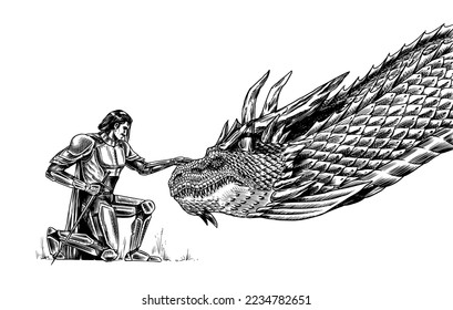 The knight strokes the dragon. Man in armor. Mythological animal or traditional reptile. Symbol for tattoo or label. Engraved hand drawn line art old monochrome sketch, ink. Vector illustration. 