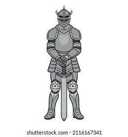 knight with sword. Comic outline vector.
