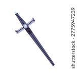 Knight sword decorated with gem in handle. Sharp weapon of medieval warrior. Longsword, ancient armour. Long steel blade with gemstone. Flat isolated vector illustration on white background