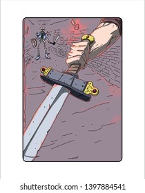 An knight with a sword fighting a skeleton in a medieval fantasy story. Postcard Concept Illustration. hand drawn style vector design illustrations. 
