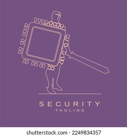 Caballero con la espada y el escudo en forma de microchip. Diseño del logotipo de seguridad cibernética aislado en un fondo monocromo.