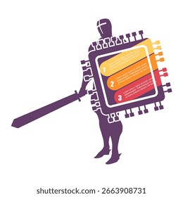 Caballero con espada y escudo en forma de microchip. Tres características u opción de proyecto a seleccionar. Ilustración infográfica mínima para la visualización de información de tecnología y seguridad cibernética.