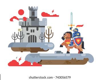 Knight with sword and old castle. Medieval warrior on horse military with weapon and protection helmet flat, vector illustration