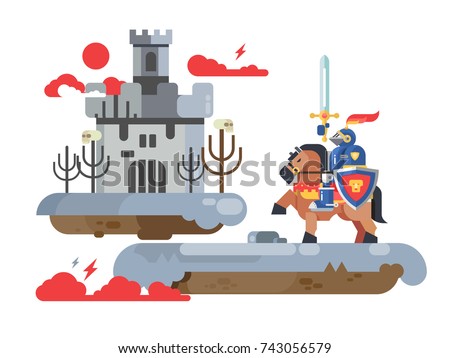 Knight with sword and old castle. Medieval warrior on horse military with weapon and protection helmet flat, vector illustration