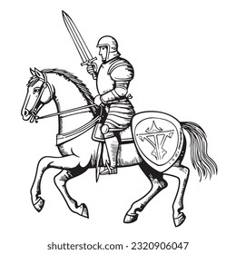 Knight with sword on horseback hand drawn sketch Vector illustration