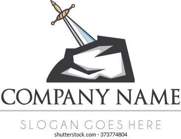 Knight sword in rock logo vector | Modern sword vector | Flat sword logo | Medieval logo flat vintage 