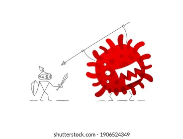 A knight with a sword and a shield fights the red bacteria of the coronavirus infection. Covid 2019. Characters are created in a linear style with a black line. Combined with brightly colored elements