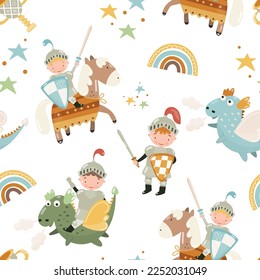 Knight with sword and shield riding a dragon and riding a horse vector illustration