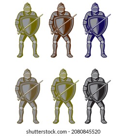 Knight Con Ilustración Del Vector De Espada Y Escudo. Caballero Guerrero Aislado En Un Fondo Blanco
