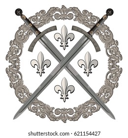 Knight sword. Two crossed knight of the sword in the frame of medieval ornament, isolated on white, vector illustration, eps-10