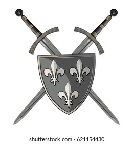 Knight sword. Two crossed knight of the sword and medieval heraldic shield, isolated on white, vector illustration, eps-10