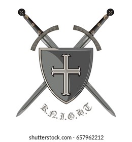Knight sword. Two crossed knight of the sword and medieval heraldic shield, isolated on white, vector illustration, eps-10