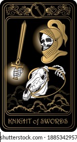 Knight of Swords. Card of Minor arcana black and gold tarot cards. Tarot deck. Vector hand drawn illustration with skull, occult, mystical and esoteric symbols.