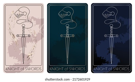 Knight of Swords. A card of Minor arcana one line drawing tarot cards. Tarot deck. Vector hand drawn illustration with occult, mystical and esoteric symbols. 3 colors. Proposional to 2,75x4,75 in.