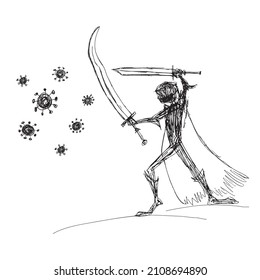Knight with swords fights against coronavirus. A funny children's sketch. The image of a doctor, a nurse is fighting the disease. 