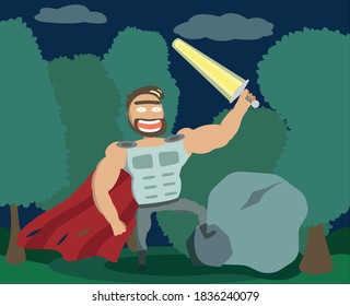 The knight takes the sword out of the stone