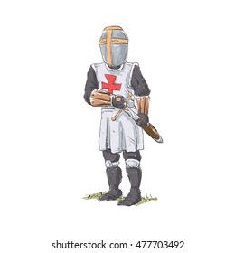 Knight Templar in armour with sword.