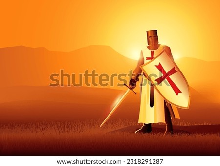 Knight of Templar holding a sword and a shield on dramatic landscape, vector illustration
