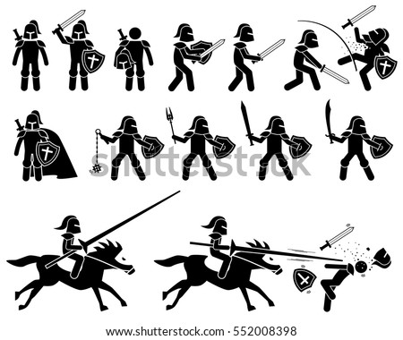 Knight templar from medieval and middle ages war. The knight with armor and helmet can use weapons sword, flail, mace, scimitar, shield, and lance to attack. Cavalry  riding horse with lance to kill.