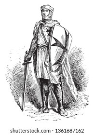 Knight Templar with shield and sword, vintage line drawing or engraving illustration