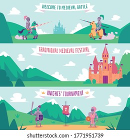 Knight tournament banner set - medieval battle festival poster with cartoon people with swords and armor standing on summer hills and fantasy castle background, flat vector illustration