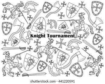 Knight Tournament design colorless set vector illustration. Coloring book. Black and white line art
