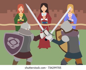 knight tournament - funny vector cartoon with two fighting foot knights and young female cheerleaders