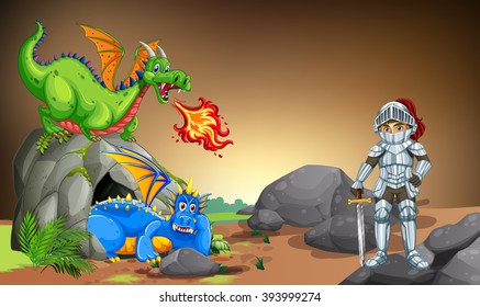 Knight with two dragons in the cave illustration