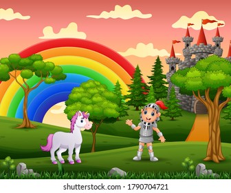 A knight with unicorn in castle yard