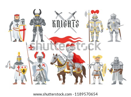 Knight vector medieval knighthood character people with helmet knightly armor and knightage sword illustration set of chivalry man on horse isolated on white background
