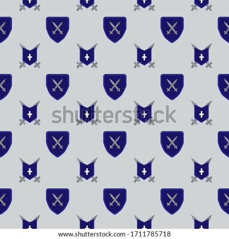 Knight vintage seamless pattern with shields and swords on the gray background. Medieval pattern with weapon for textile, scrapbook, posters, books. Vector illustration