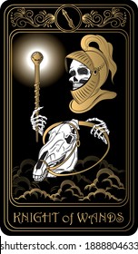 Knight of Wands. Card of Minor arcana black and gold tarot cards. Tarot deck. Vector hand drawn illustration with skull, occult, mystical and esoteric symbols.