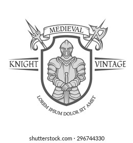 Knight Warrior In Armor With A Sword. Heraldic Emblem In The Medieval Style.