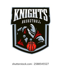 Knight warrior with basketball inside shield logo design for sports team isolated white background