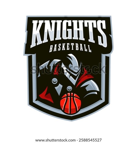Knight warrior with basketball inside shield logo design for sports team isolated white background