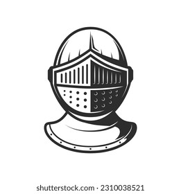 Knight warrior helmet with closed visor, heraldry armor. Vector metal helm of medieval army soldier, roman gladiator or spartan fighter. Ancient iron armet, great helmet or battle helm isolated symbol