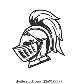 Casco guerrero caballero, armadura herálica con penacho. Vector gran timón del soldado medieval, caballero, gladiador romano, luchador espartano o guerrero del ejército griego. Casco de batalla de hierro antiguo o frente de frente armet