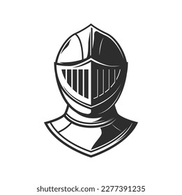 Knight warrior helmet, heraldry armor with visor. Vector medieval knight, spartan soldier, roman gladiator or greek warrior metal helm front view. Ancient battle armour, old iron helmet isolated sign