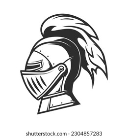 Ritterhelm mit Rüstung, heraltrockener Rüstung mittelalterlicher Armeegeneratoren. Vektorgrafik uralten großen Helm oder Arm mit einem Visier einzeln Symbol. Knight, Gladiator, Spartan-Kämpfer oder Soldat-Helmseitenansicht