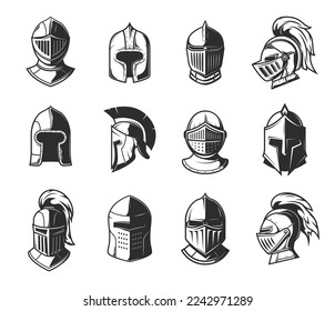 Knight warrior helmets, heraldry armor of gladiator and royal guardian, vector heraldic icons. Medieval knight or Spartan centurion soldier and gladiator legionnaire armor helmets heraldry