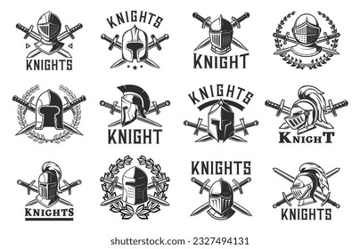 Knight warrior helmets heraldry, vector heraldic gladiator armor emblems of Spartan, Roman or Greek, Trojan Sparta soldier Medieval helmets with crossed swords and plumage in heraldic laurel wreath