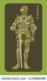 Knight Warrior Joker. Colored vector illustration of a medieval knight in armor.