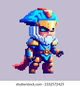 Knight warrior pixel art character for 8 bit game scenery arcade video game background